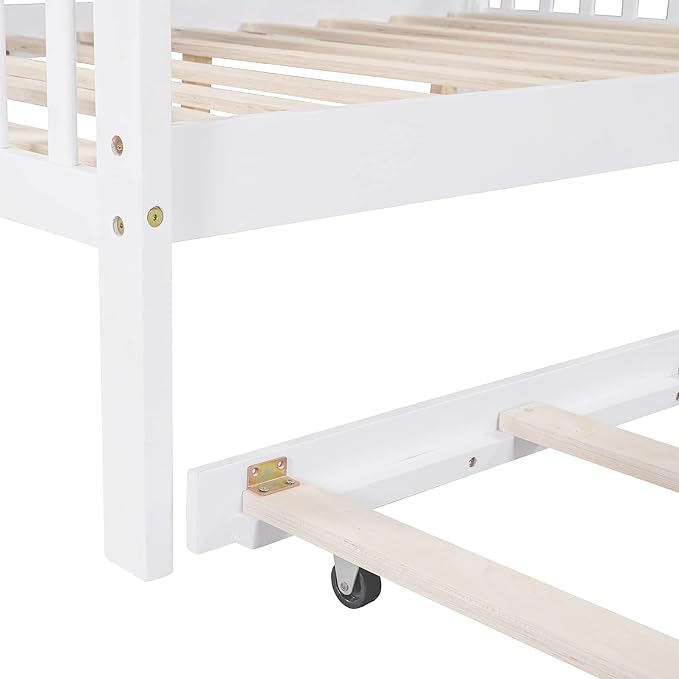 Harper & Bright Designs Full House Bed with Trundle, Wood Kid Daybed Frame with Storage Shelves for Kids, Teens, Solid Wood Structure & House-Shaped, White