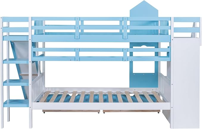 Full-Over-Full Bunk Beds Castle Style Bunk Bed with 2 Drawers 3 Shelves and Slide - Blue