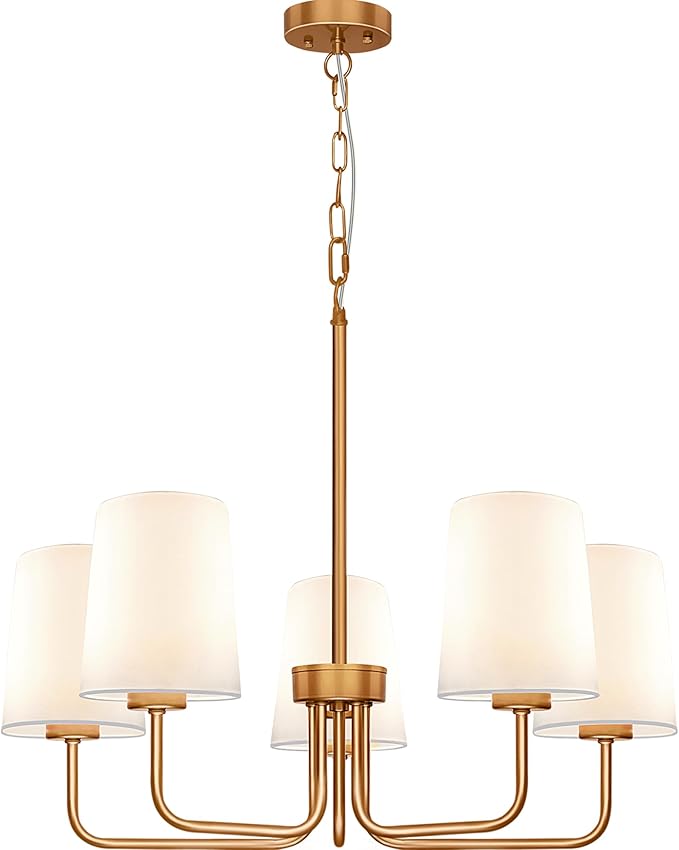 Farmhouse Chandelier, 5-Light Brass Chandelier with White Fabric Shade, Height Adjustable Modern Dining Room Light Fixture with E26 Base for Bedroom Foyer Hallway Entryway Kitchen Living Room