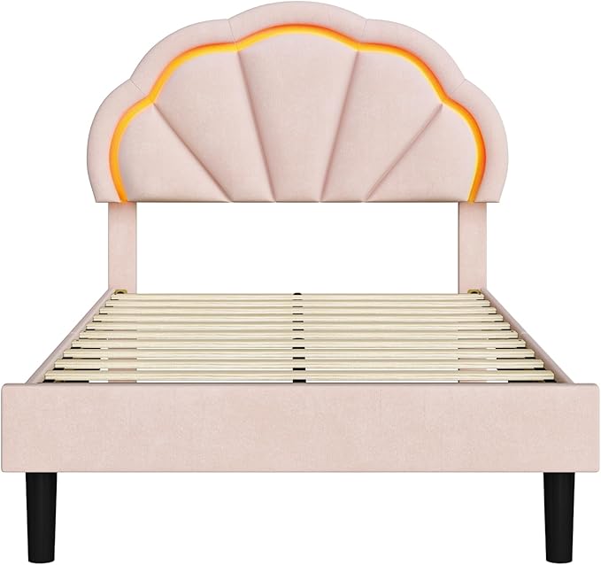 HIFIT Twin Upholstered Smart LED Bed Frame with Adjustable Chic Petal Headboard, Princess Twin Size Platform Bed Frames for Kids/Girls, Wooden Slats Support, No Box Spring Needed, Easy Assembly, Pink