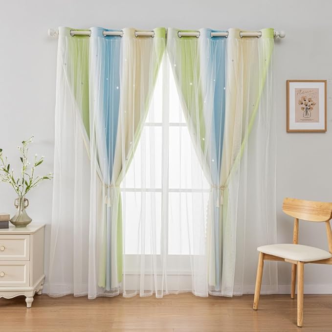 FANLI Ombre Rainbow Blackout Curtains for Kid Girls Bedroom Living Room Darking Stripe Double Layer Star Cut Out Wall Home Decor Gradient Grommet Window Curtains (Blue Green 52Wx72L)