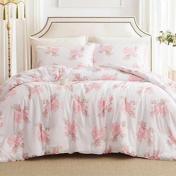 Pink Bow Duvet Cover King 3Pcs Pink Floral Bedding Set for Girls Kids,Cute Princess Style Bowknot Bedding,Ultra Soft Garden Flower Bedding with 2 Pillowcases(No Comforter)