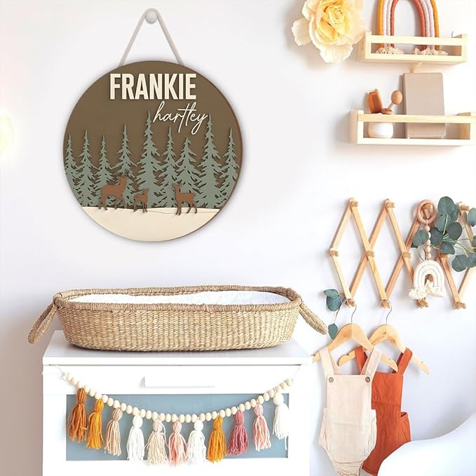 Woodland Animal Room Decor β Custom Wooden Name Plaque with Forest Background β Baby Nursery Sign, Door Decor, Bedroom Wall Hanging for Boys or Girls
