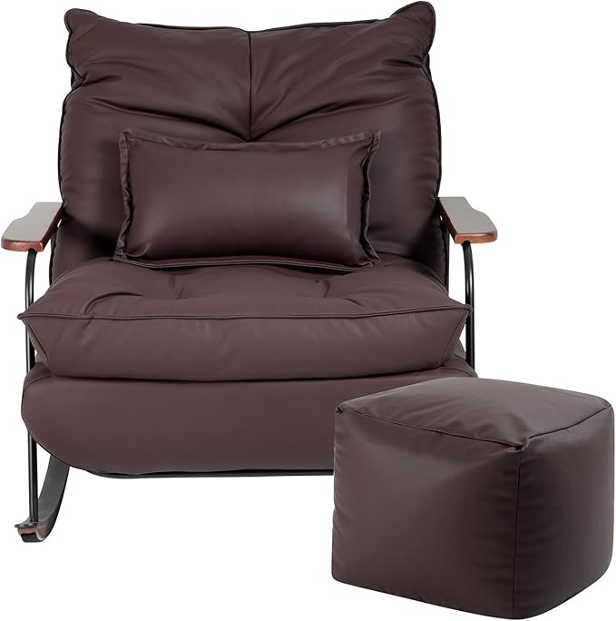 zyz Rocking Chair with Ottoman and Pillow, Mid-Century Modern Recliner, Reclining Nursery Rocker, Wood Armchair, 25° Rocking Motion, Lazy Sofa for Living Room Bedroom Balcony, PU Leather (Dark Brown)