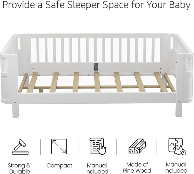 Full Size Kids Bed with Rails, Wood Montessori FloorBed Full with Slats Support, Modern Daybed Low to Ground for Girls Boys Bedroom Living Room, White