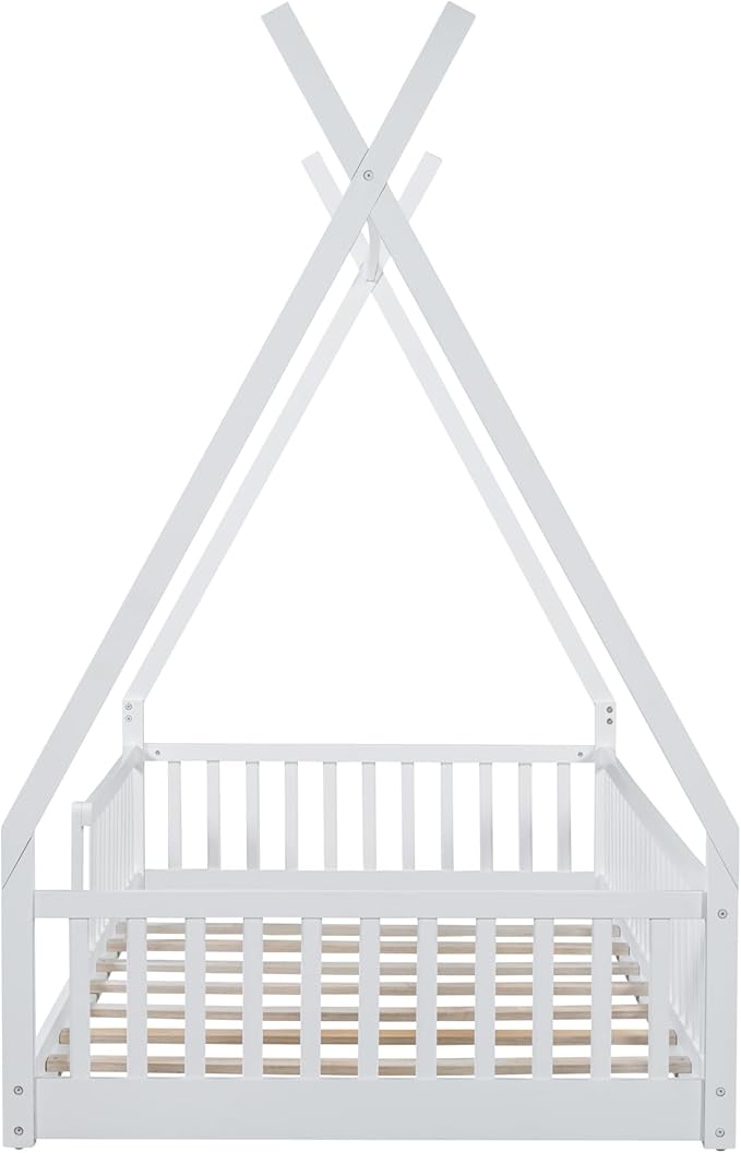 Twin House Bed with Fence Rails, Wood Montessori Floor Bed with Slats Support, Twin Size Teepee Tent Beds Kids Bed Frames for Girls Boys,White