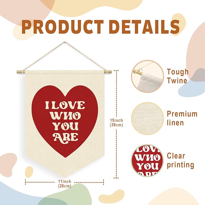I Love Who You Are Wall Hanging Pennant Flag Banner, Red Heart Decor, Trendy Gift for Nursery Baby Kids Girl Boy Teen Bedroom Playroom Front Door
