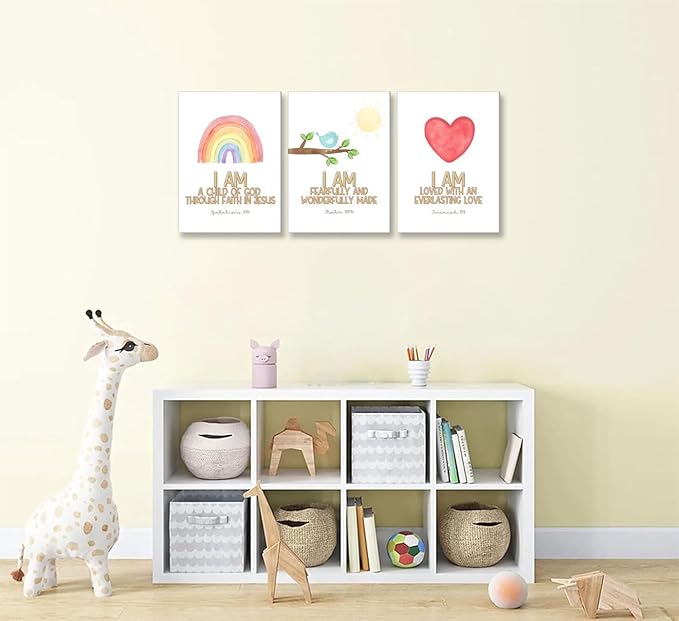 3Pcs Nursery Bible Verse Canvas Wall Art Colorful Rainbow Motivational Affirmation Wall Decor Pictures Christian Kids Scripture Introduction Posters Prints for Kids Room Nursery Home Decoration