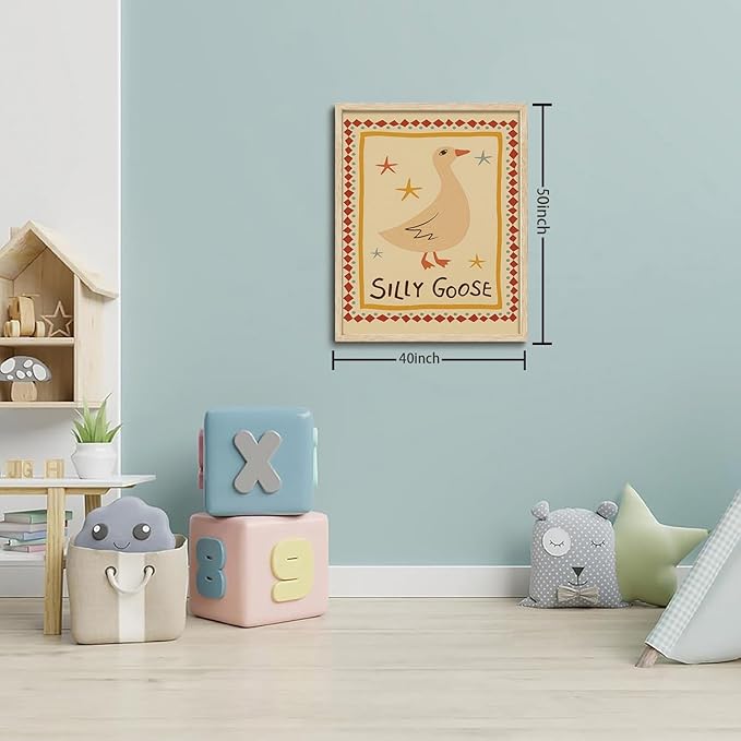 KISSFOX Framed Wall Art Nursery Wall Decor Yellow Silly Goose Pictures Kids Cute Animal Canvas Art Boho Whimsical Paintings Artwork For Children Boys Girls Room