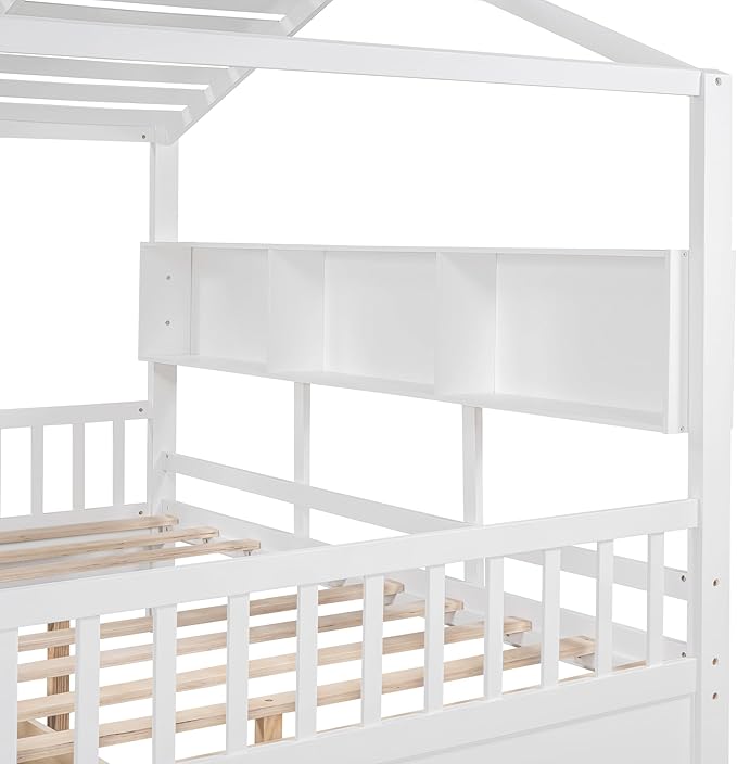 Full Size Wooden House Bed with 2 Drawers, Modern Design Kids Bed Frame with Storage Shelf for Kids Teens Adults, Wood Slat Support, No Box Spring Needed, Easy Assembly (White)