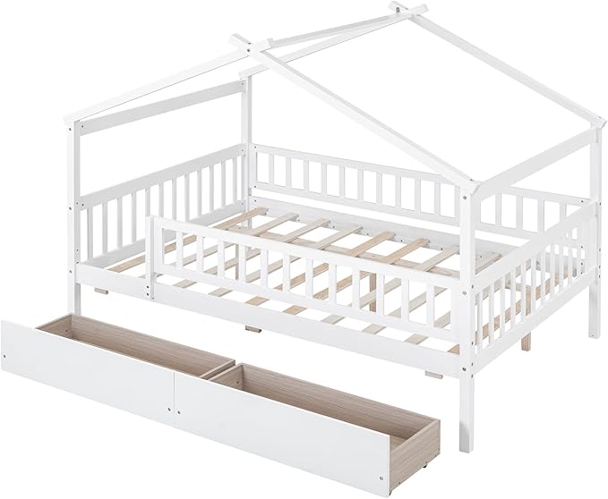 Full House Bed with 2 Storage Drawers, Kids Full Bed Frame with Rails and Roof, Tent Bed, Wooden Full Daybed, Full Montessori Bed for Kids Teens Girls & Boys, No Box Spring Needed (White)