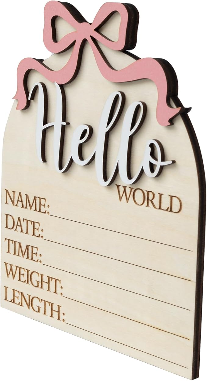 Baby Announcement Sign 6.5 Inch Wooden Hello World Newborn Welcome Sign Birth Name Plaques for Photo Props Shower Hospital Nursery (Wood Bow)