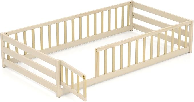 KOMFOTT Twin Size Wood Floor Bed with Door & Fence, Montessori Bed Frame with Full Length Safety Guardrails, Door & Latch, Wooden Montessori Floor Bed for Kids, Girls, Boys (Natural, Twin)