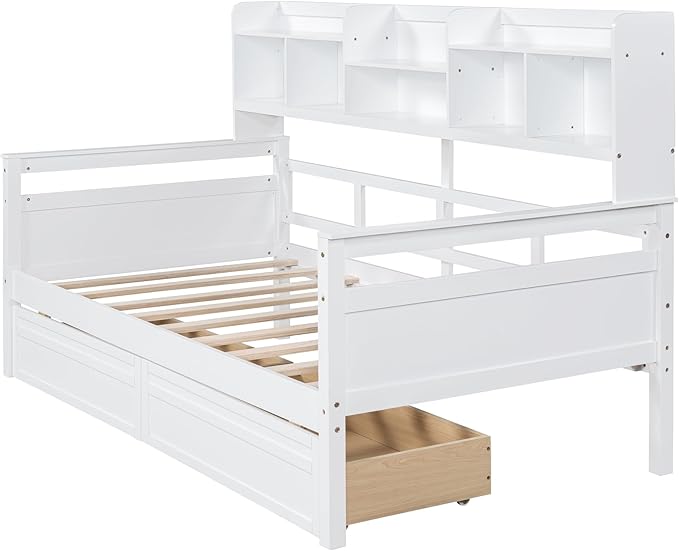 Harper & Bright Designs Twin Daybed with Storage, Wooden Twin Size Bed Frame with Bookcase Headboard and 2 Drawers, Twin Sofa Bed with Shelves for Living Room Bedroom, No Box Spring Need, White