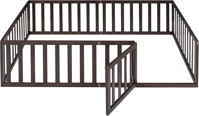 Merax Full Floor Bed with Safety Guardrails and Door, Wood Montessori Floor Bed Frame for Kids, Full Playhouse Bed Frame for Baby Girls and Boys, Walnut