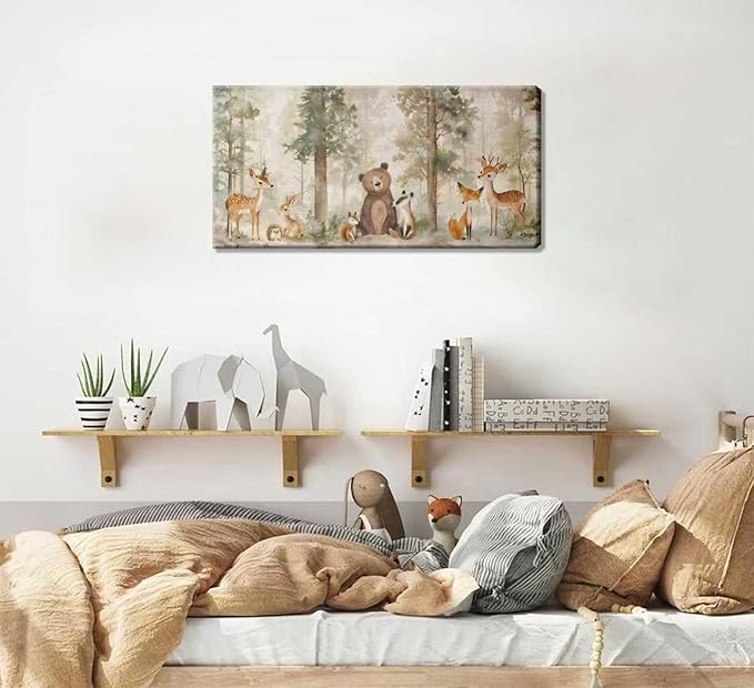 Woodland Animal Nursery Canvas Wall Art Wild Animals Forest Paintings Pictures Wall Decor Fox Bear Deer Watercolor Poster Print Artwork for Boys Room Girls Room Home Decoration (Framed)