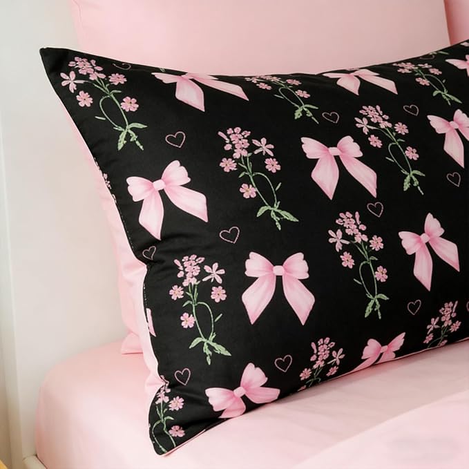 Queen Duvet Cover 3Pcs Black Pink Bow Bedding Set for Girls Kids, Cute Floral Bowknot Design, Super Soft 100% Microfiber Comforter Cover (2 Pillowcases, No Comforter)