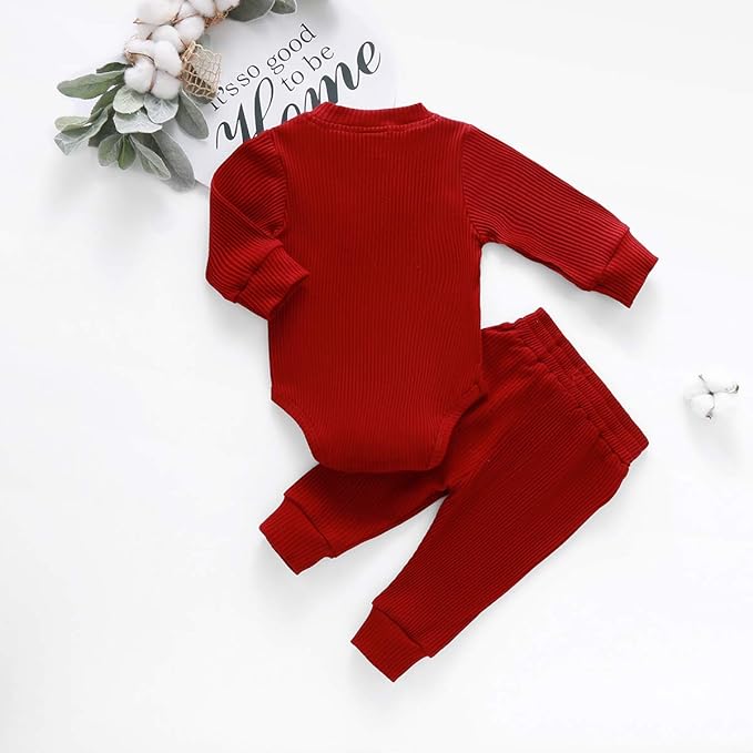 Newborn Baby Boy Girl Clothes Ribbed Knitted Cotton Long Sleeve Romper Long Pants Solid Color Fall Winter Outfits