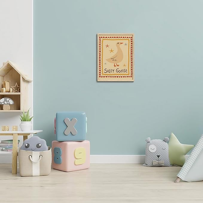 KISSFOX Framed Wall Art Nursery Wall Decor Yellow Silly Goose Pictures Kids Cute Animal Canvas Art Boho Whimsical Paintings Artwork For Children Boys Girls Room