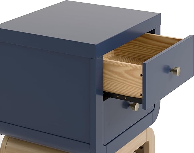 Storkcraft Santorini 2 Drawer Nightstand (Midnight Blue & Driftwood) - GREENGUARD Gold Certified Nightstand for Kids Bedroom, Premium Wood with Curved Base, “Champagne” Metal Knobs