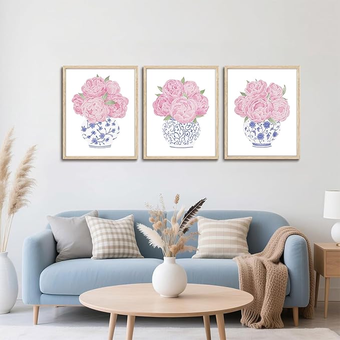 CHMMART 3 Piece Pink Floral Framed Wall Art Blue and White Chinoiserie Flower Canvas Art Prints Peony Pictures Wall Decor Painting Artwork for Living Room Bedroom Bathroom 16x20in