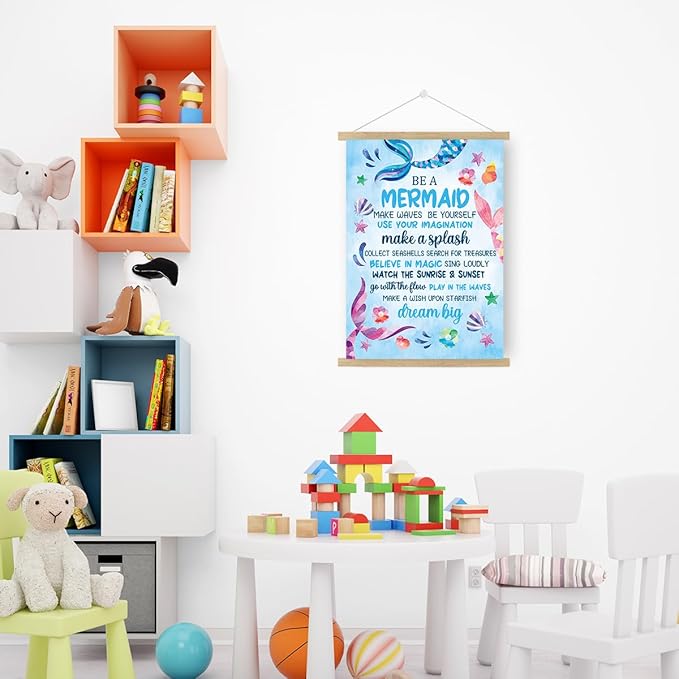 Qswo Mermaid Inspirational Wall Art,Teen Girl Wall Art Poster Hanger Frame,Motivational Hanging Canvas Wall Decor for Girls Room Dorm Nursery