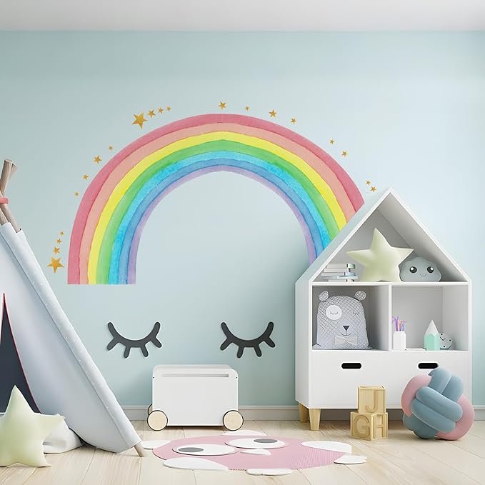 Large Watercolor Rainbow Wall Decals, Colorful Nursery Wall Decor, Peel and Stick Wall Decor for Kids, Toddler Bedroom, Living Room, Playroom