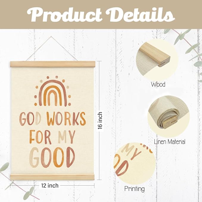 PLKMN Christian Nursery Wall Decor, God Works for My Good Wall Art with Wooden Poster Hanger, Boho Rainbow Christian Wall Decor for Nursery Kids Room Sunday School Preschool Classroom, 12x16 Inch