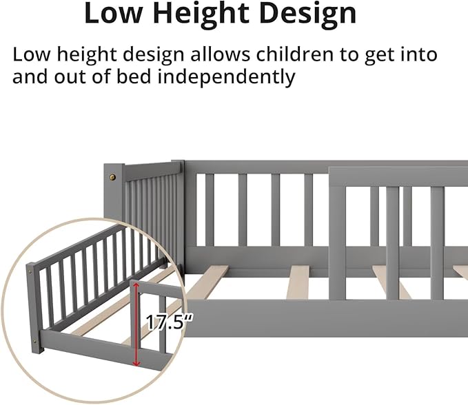 LLS Full Floor Bed for Kids Toddlers, Solid Wood Multifunctional Montessori Bed Frame with Safety Guardrails, Without Door, Easy Assemble, Grey