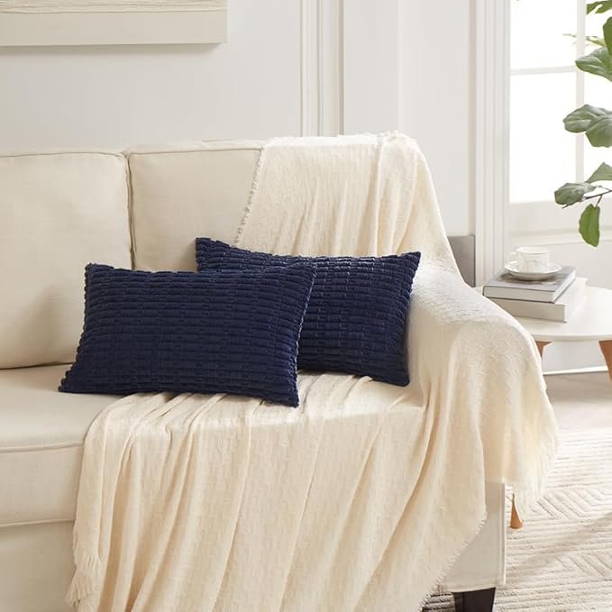 Fancy Homi 2 Packs Navy Blue Decorative Throw Pillow Covers 14x24 Inch for Living Room Couch Bed Sofa, Soft Corduroy Square Cushion Case 35x60 cm, Rustic Modern Farmhouse Boho Home Decor