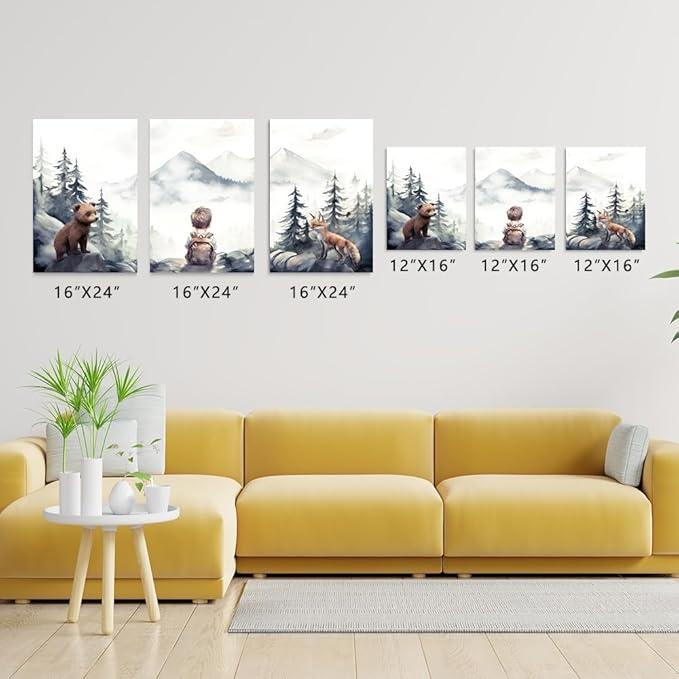 Baby Boy with Animals Adventure Nursery Decor, Adventure Toddler Decor, Watercolor Woodland Forest Nursery Wall Decor for Boy's Bedroom, Outdoor Children's Room Decor Print, Framed Set of 3, 12"x16"