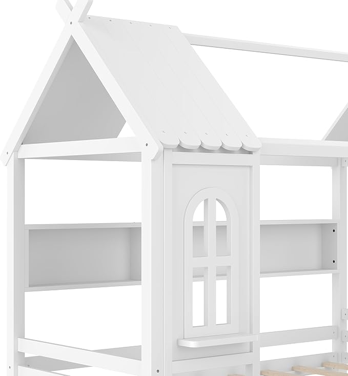 Twin House Bed with Drawers and Window, Solid Wood House Platform Bed with Shelves, Twin Bed Frame with House-shaped Roof for Kids, Boys, Girls, No Box Spring Needed and Childlike Design, White