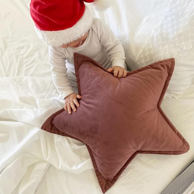 JIKAL Star Moon Shaped Pillow Soft Velvet Nursery Stuffed Throw Pillows for Kids Room Couch Reading Nook Decor (Star, Dusty Pink)