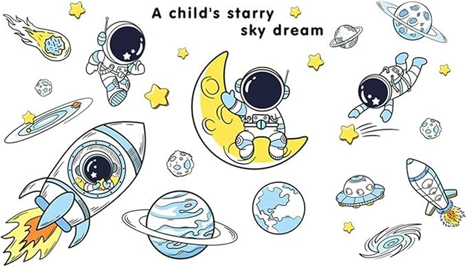 Space Decor Astronaut Wall Stickers - Space Theme Bedroom Classroom Playroom Murals & Decals - Wall Decals for Boys Girls Room - Outer Space Wallpaper With Planets