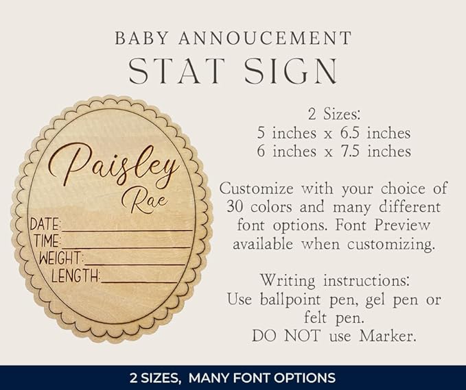 Personalized Engraved Scallop Edge Baby Stat Sign, Birth Announcement Plaque, Baby Shower - Newborn Keepsake (Stat Sign)