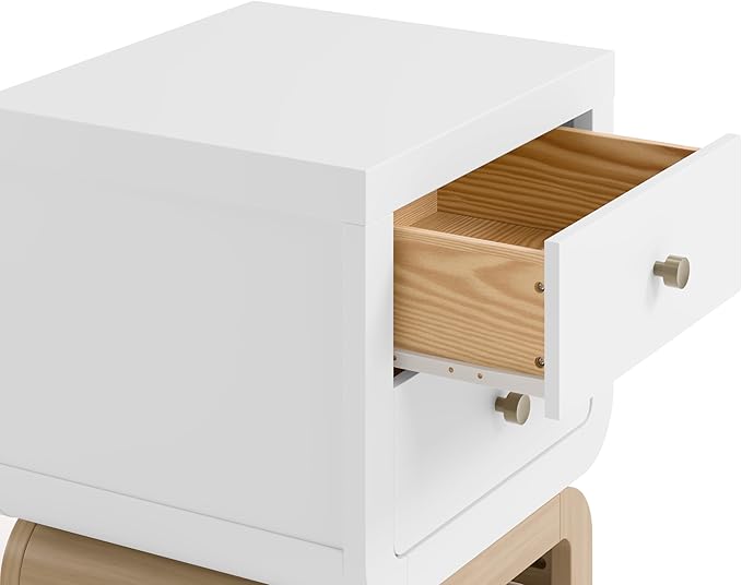 Storkcraft Santorini 2 Drawer Nightstand (White & Driftwood) - GREENGUARD Gold Certified Nightstand for Kids Bedroom, Premium Wood with Curved Base, “Champagne” Metal Knobs
