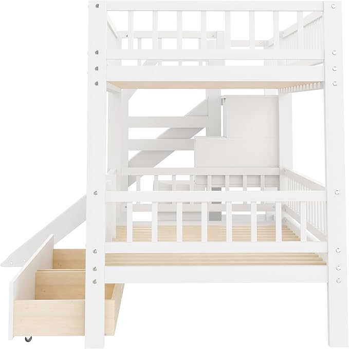 Twin Over Twin Bunk Bed with Storage Staircase, Solid Wood Bunk Bed Frame with Slide and 2 Drawers for Kids Teens Adult Bedroom, No Box Spring Needed (White/63r)