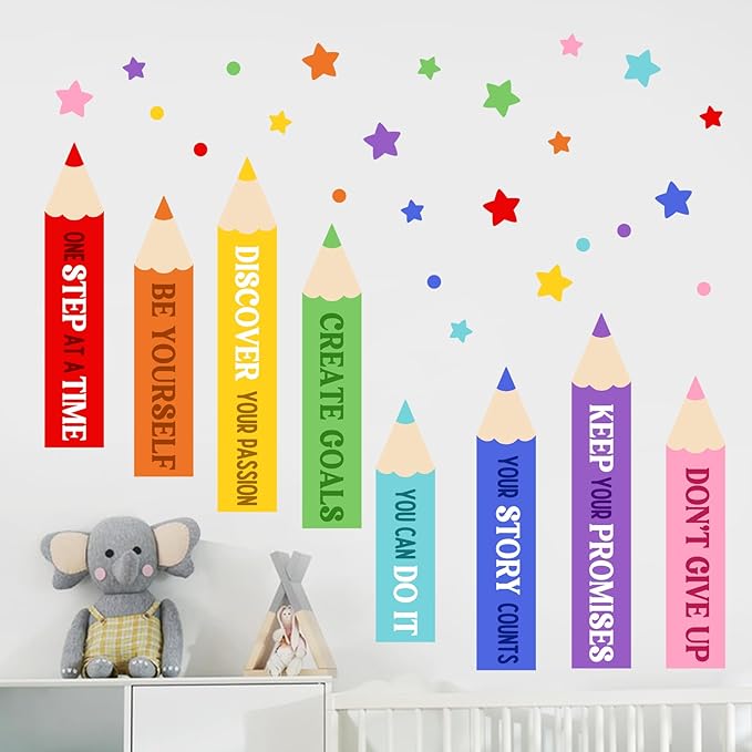 Mfault Colorful Pencil Inspirational Wall Decals Stickers, Cute Motivational Quote Rainbow Stars Nursery Decorations Kids Bedroom Art, Positive Be Yourself Baby Toddler Room Playroom Classroom Decor