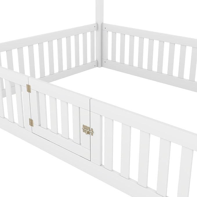 Bellemave Full House Bed for Kids, Wooden Kids bedframe with Rails and roof, Montessori Floor beds, White with Door no slats