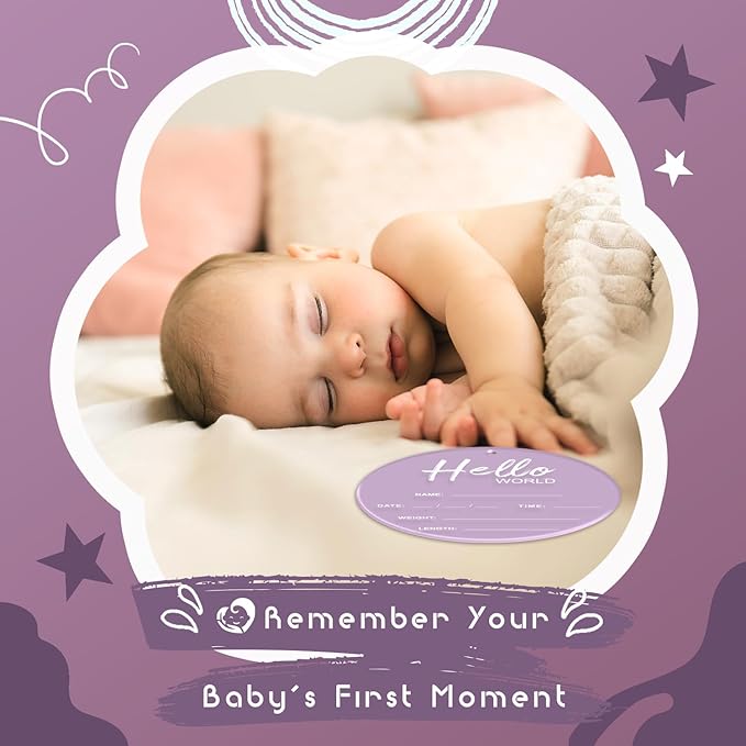 Baby Announcement Sign, 6.7 Inch Hello World Newborn Sign, Thickness Upgrade Birth Announcement Sign for Hospital, Nursery Baby Shower (Purple)
