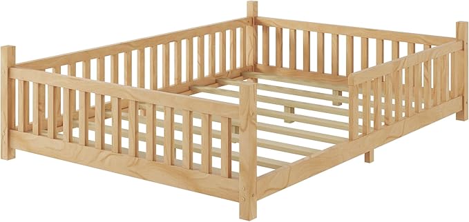 Full House Bed with Roof & LED Light, Low Profile House Bed with Fence, Safe Guardrails, DIY-Friendly for Boys & Girls, Solid Wood & MDF Construction, No Box Spring Required, Natural
