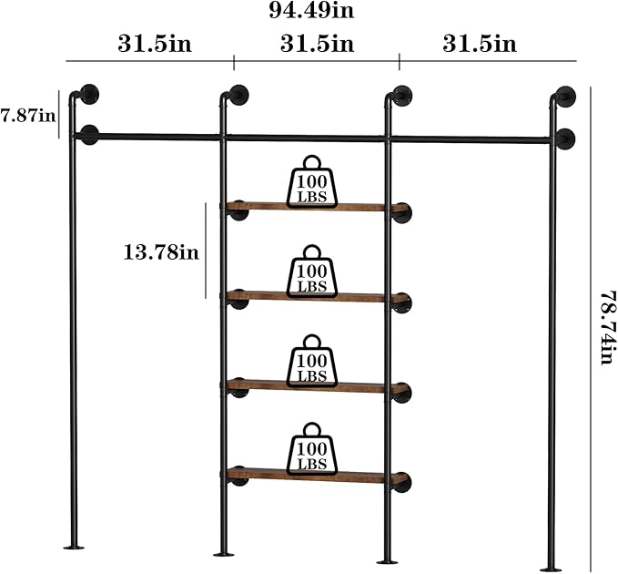 Industrial Pipe Clothes Rack,Wall Mounted Clothing Rack Wardrobe Multi-Purpose Storage Clothes Hanging Shelf-94.5''L Black