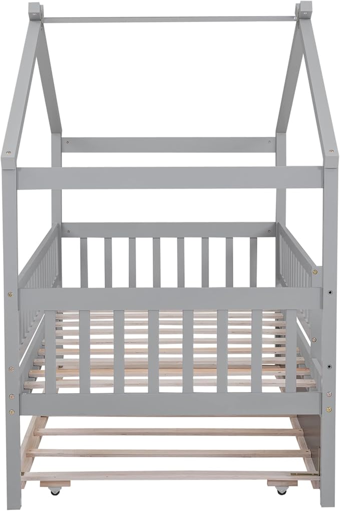 Merax Twin Size Wooden House Bed with Twin Size Trundle, Wood Bed Frame with Roof and Safety Guardrail for Kids, Teens, Boys or Girls, Grey