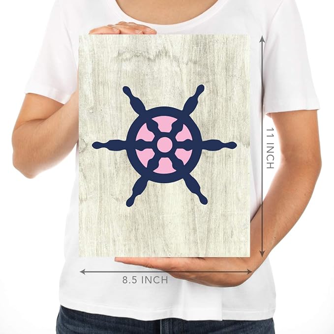 Andaz Press Girls Ocean Nautical Sailor Theme Nursery Kids Bedroom Hanging Wall Art Decor, 8.5x11-inch, Pink Navy Blue, Ahoy, Boat, Anchor, Lighthouse, 6-Pack, Unframed Room Poster