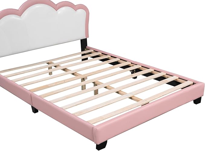 CITYLIGHT Full Size Princess Bed for Girls, PU Upholstered Platform Bed with Crown Headboard, Cute Beds Full Bed Frame for Kids, Pink+White