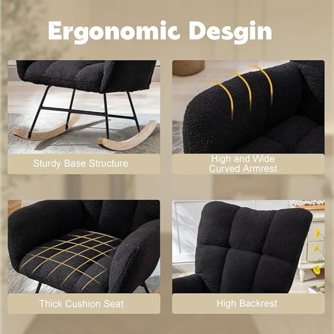 Nursery Rocking Chair Teddy Upholstered Glider Rocker Rocking Accent Chair with High Backrest Armchair Comfy Side Chair for Living Room, Bedroom, Offices (Black)