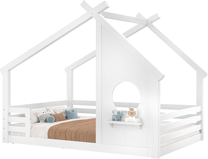 SOFTSEA Twin Size House Bed Frame, Kids Floor House Bed with Window and with Storage Shelf for Boys Girls, Wood Montessori Bed with Slats and Guardrails, White