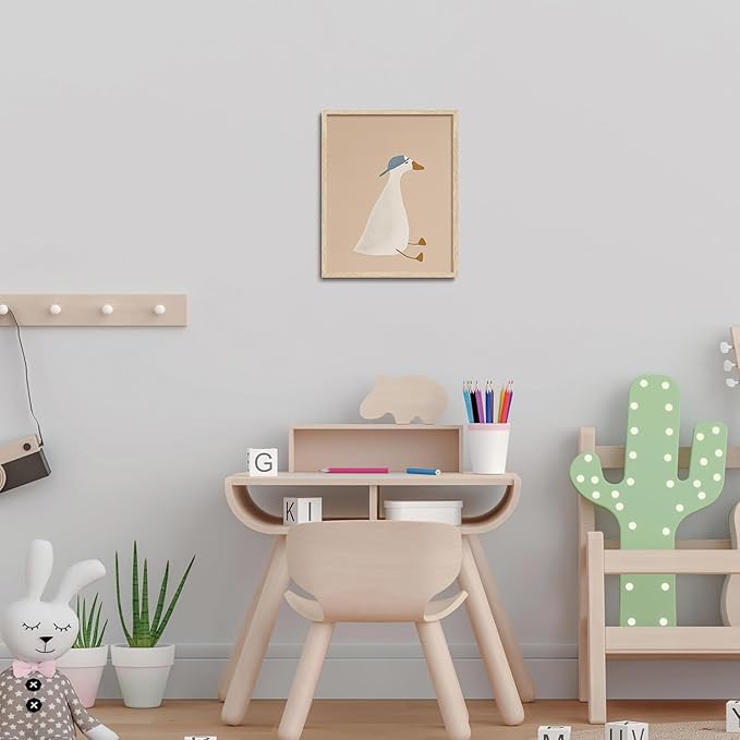 KISSFOX Framed Wall Art Nursery Wall Decor Cowboy Duck Pictures Kids Cute Animal Canvas Art Beige Boho Paintings Artwork For Children Boys Girls Room