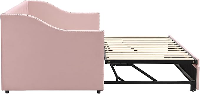 Merax Twin Size Upholstered Velvet Daybed with Pop Up Trundle, Multi-Functional Sofa Bed with Backrest and Two Armrest for Kids Room, Guest Room, Living Room,Pink