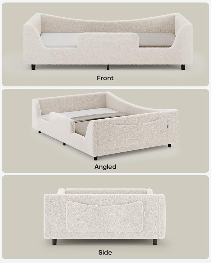 Full Floor Bed, Low Montessori 2-in-1 Convertible Beds, with Slats and High Rails, Upholstered Teddy Boucle, Curve Round Frame for Girls and Boys, No Box Spring Needed, Easy Assemble, Beige